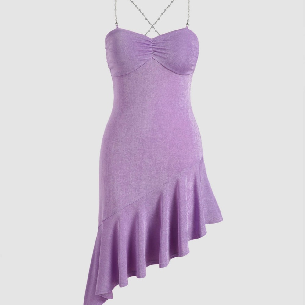 Purple asymmetrical dress, pearl straps